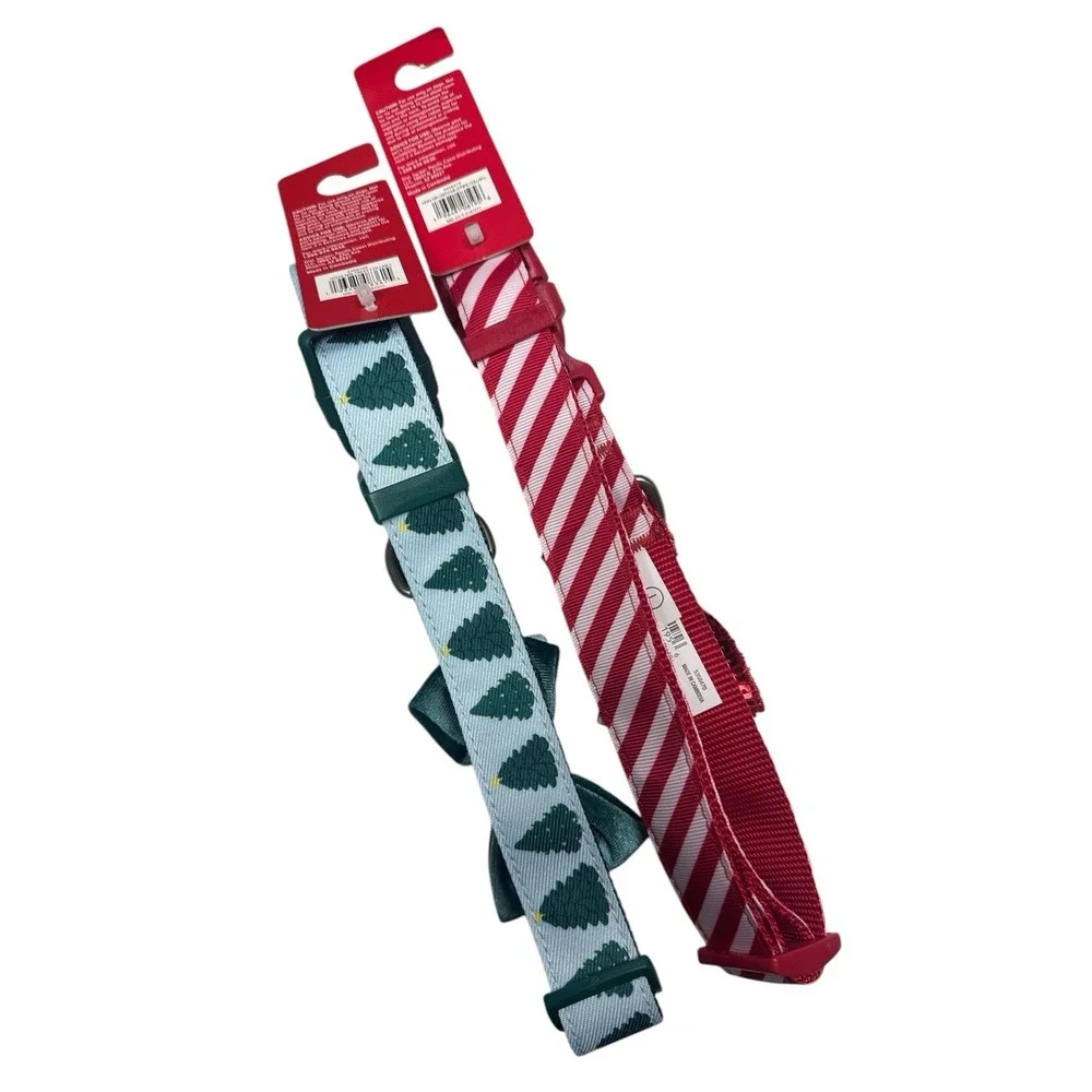 Lot Of 2 Merry & Bright Adjustable Large L Christmas Red Green Dog Sripes W/ Bow